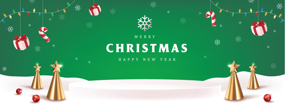 Christmas banner winter landscape green background and snow product display cylindrical shape