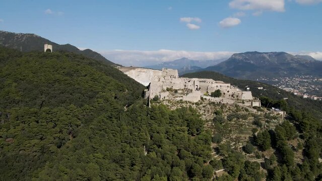 Aerial view of Arechi Castle on mountain top in Salerno, Campania, Italy.