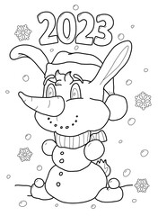colouring page with new 2023 year symbol rabbit snowman 
