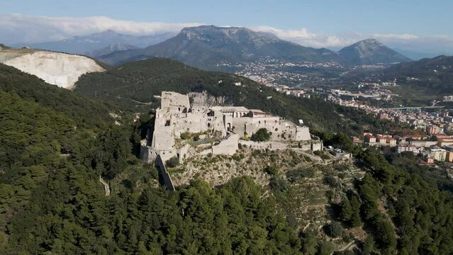 Aerial view of Arechi Castle on mountain top in Salerno, Campania, Italy.