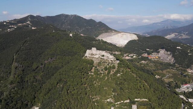 Aerial view of Arechi Castle on mountain top in Salerno, Campania, Italy.