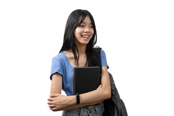 teenage student girl asian hold book on white background.Back to school and education concept.