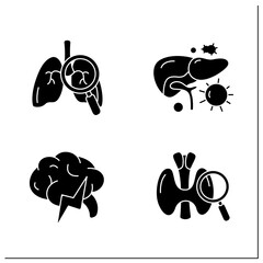 Human internal organs glyph icons set. Lungs and thyroid examination, brain, liver. Prevention of diseases. Health concept.Filled flat signs. Isolated silhouette vector illustrations