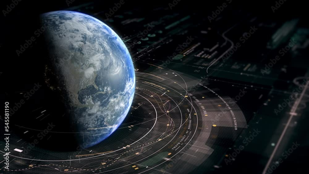 Poster Futuristic digitally generated holographic planet Earth in 360 degree rotation for head up display and user interface design