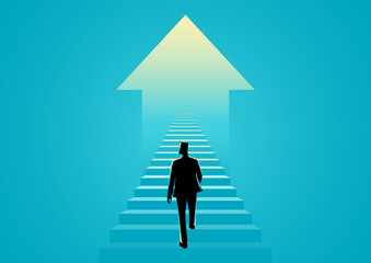 Man walking on a stairway leading up to up arrow