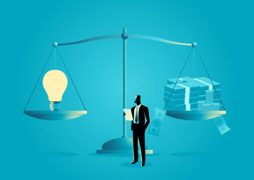 Business concept illustration of money and light bulb on a scale
