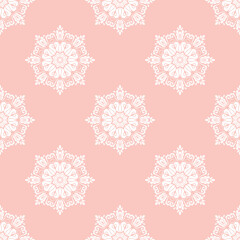 Floral pink and white vector ornament. Seamless abstract classic background with flowers. Pattern with repeating floral elements. Ornament for wallpaper and packaging
