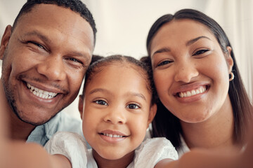 Happy family, portrait and smile for home selfie in joyful happiness for bonding or relaxing...