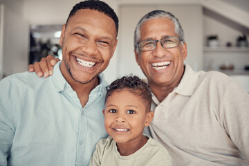 Father, grandfather and boy in family portrait at house or Brazilian home living room in trust,...