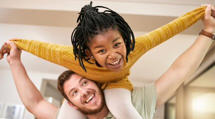 Happy father, adoption and smile for piggyback ride, playing or fun bonding relationship together...