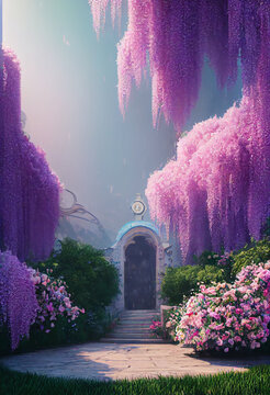 garden path overgrown with flowers and wisteria, concept art, digital illustration, Generative AI