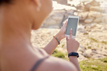 Woman, hands and phone mockup at the beach for social media, communication or chatting in the outdoors. Hand of female touching smartphone chromakey display screen for advertising, marketing or app