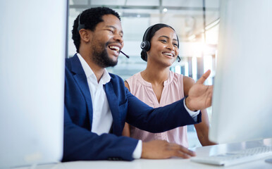 Man, black woman or computer training in call center office, crm consulting startup or b2b...