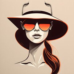 Woman with elegant hairstyle and makeup, wearing hat and sunglasses. Fashion, beauty salon and lifestyle illustration. Young lady portrait isolated on light fund. Red lipstick