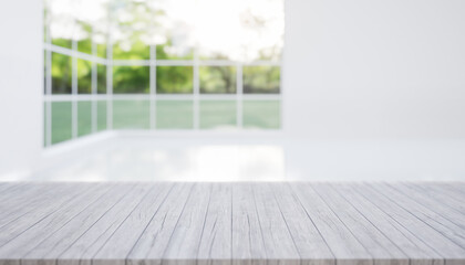 3d rendering of wood plank counter, table top. Include blur empty room, light from window and nature. Interior design in perspective. Empty space with wooden texture pattern at surface for background.
