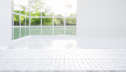 3d rendering of white and gray mosaic counter. Include blur empty room, light from window. Modern interior design in perspective. Empty space with texture pattern for product display background.
