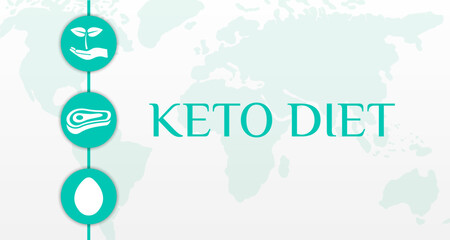 Naklejka premium Keto Diet Background Illustration Banner with Egg, Meat and Plant Icons and World Map