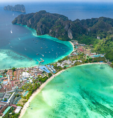 Fototapeta premium Aerial view of Ton Sai Beach in Koh Phi Phi, Krabi Thailand