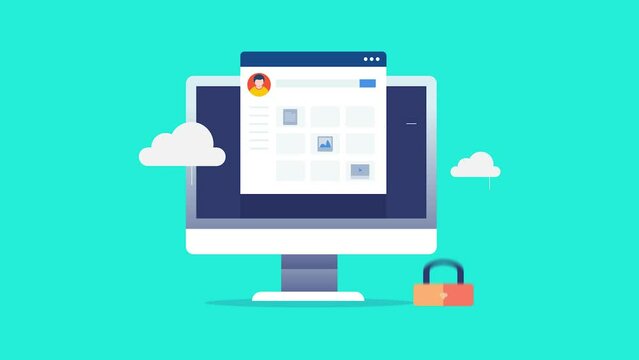 Secure cloud storage, digital file organizing online cloud data platform admin panel interface video animation.
