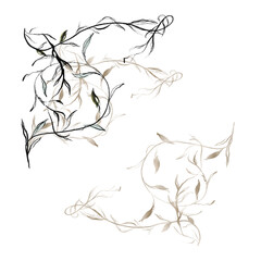 Watercolor Greenery Branches Graceful Climbing Plants Golden Branches Branches for Wedding Invitations Graphic Pencil