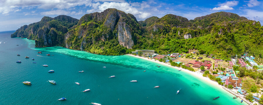 Aerial view of Ton Sai Beach in Koh Phi Phi, Krabi Thailand