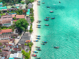 Aerial view of Ton Sai Beach in Koh Phi Phi, Krabi Thailand