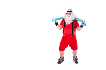 Funny Santa Claus goes in for sports. Man posing on a white background.