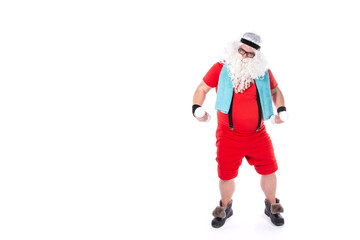Funny Santa Claus goes in for sports. Man posing on a white background.