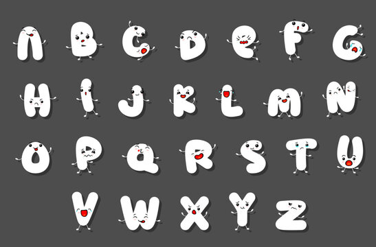 English alphabet letter white smileys childish character with face expression set vector