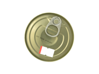 expiration date printed on gold aluminum can with silver ring pull and price tag isolated on transparent