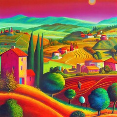Dorf und uralte Häuser, inspiriert von der Toskana, Florenz, Italien. Ländliches Ackerland, Olivenbäume und Weinberge - Ölgemälde in wunderschönen lebendigen Sommerfarben