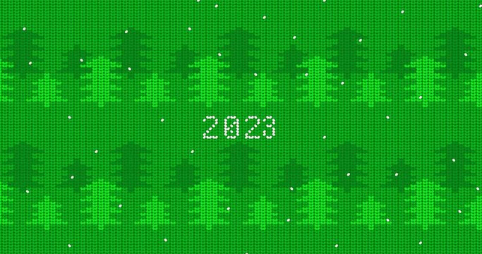 Green forest with snow and number 2023, ugly sweater. Christmas and New Year holidays season animated video. Animation of Winter knitted sweater pattern.
