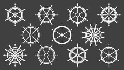 Collection of white vintage steering wheels. Ship, yacht retro wheel symbol. Nautical rudder icon. Marine design element. Vector illustration