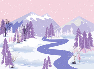 Winter mountains landscape with mountains and trees on  vector background with snowflakes falling from the sky. Cartoon winter scenery of cold weather and village forest, snowy hills and fields