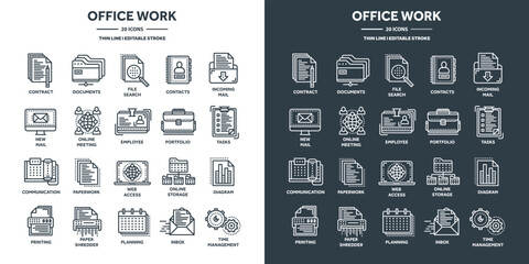 Business and office work, planning and scheduling. Daily schedule, employees, working day. Office tools and stationery supplies, documents, paperwork. Thin line web icons set. Vector illustration