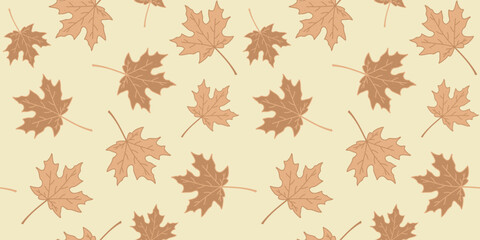 Brown maple leaves on a light beige background. Autumn endless texture with falling leaves, foliage. Vector seamless pattern for wrapping paper, packaging, wallpaper, cover, surface texture and print