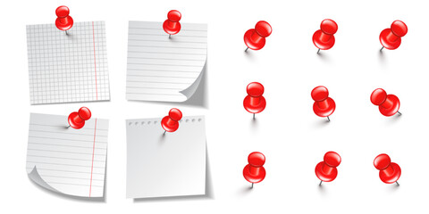 Realistic blank sticky notes isolated on white background. White sheets of note paper with red push pins. Paper reminder and plastic pushpin with needle. Board tacks. Vector illustration
