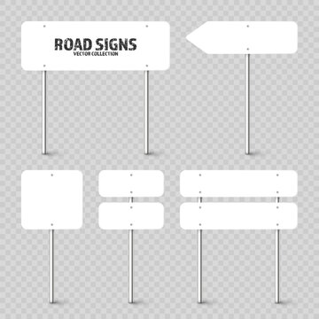 Various road, traffic signs. Highway signboard on a chrome metal pole. Blank white board with place for text. Directional signage and wayfinder. Information sign mockup. Vector illustration