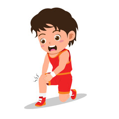 Cartoon of Cute Boy Getting Leg Pain While Playing Basketball