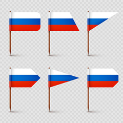 Realistic various Russian toothpick flags. Souvenir from Russia. Wooden toothpicks with paper flag. Location mark, map pointer. Blank mockup for advertising and promotions. Vector illustration