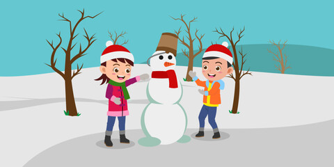 Cartoon of Cute Kids Playing in The Snow