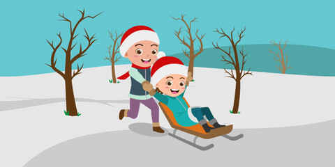 Cartoon of Cute Kids Playing in The Snow