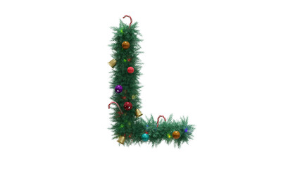 Capital letter L from Christmas tree twigs with decorations on transparent background. Christmas alphabet. Letters from Christmas tree branches with decorations. 3d illustration
