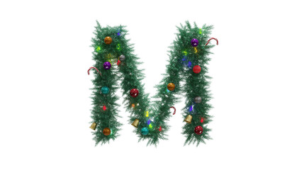Capital letter M from Christmas tree twigs with decorations on transparent background. Christmas alphabet. Letters from Christmas tree branches with decorations. 3d illustration