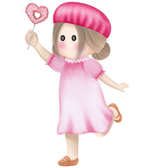 Watercolor baby girl with sweet donut with pink glaze in shape heart.Valentine's Day.