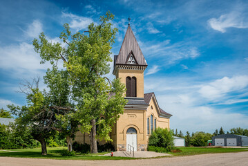 Fototapeta na wymiar Knox United Church in Abernethy, SK, built in 1905