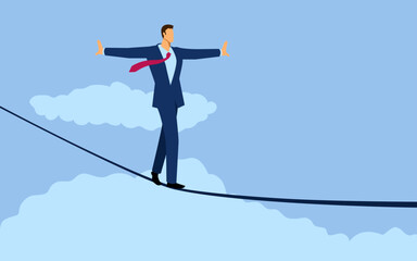 Fototapeta premium Businessman walking on a rope balancing himself so as not to fall