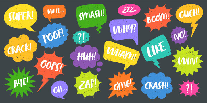 Colorful grunge comic speech bubbles with handwritten text. Hand drawn retro cartoon stickers. Chatting, message box. Vector illustration