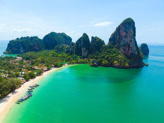 Aerial view of Railay and Phra nang Cave Beach in Krabi, Thailand