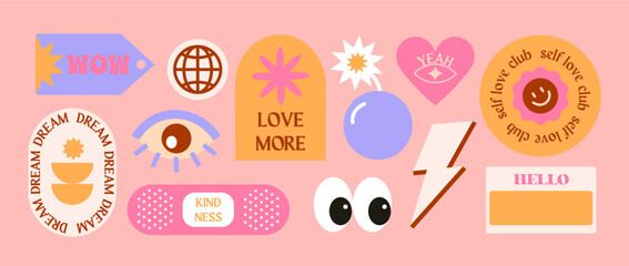 Vector set of cute funny patches and stickers.Modern icons or symbols in y2k aesthetic with text.Trendy kidcore designs for banners,social media marketing, branding, packaging, covers